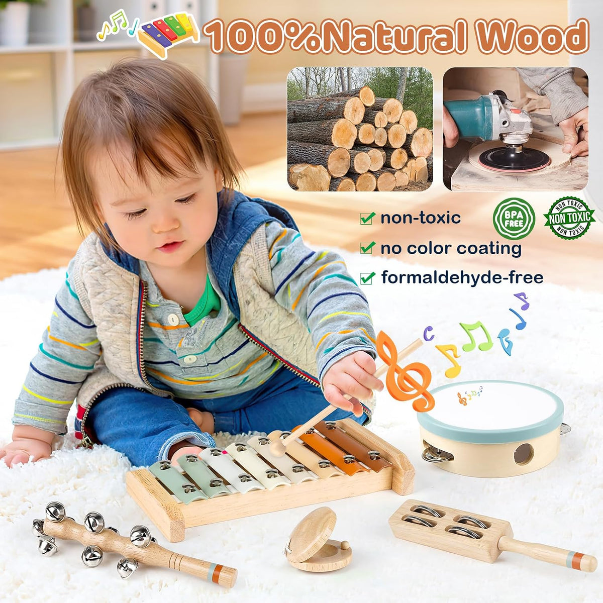 Toddler Musical Instruments, Neutral Colours Montessori Wooden Musical Instruments for Toddlers from 18M-3 Years, Children'S Instruments Toy, Christmas and Birthday Gift for 18M-3-5 Years