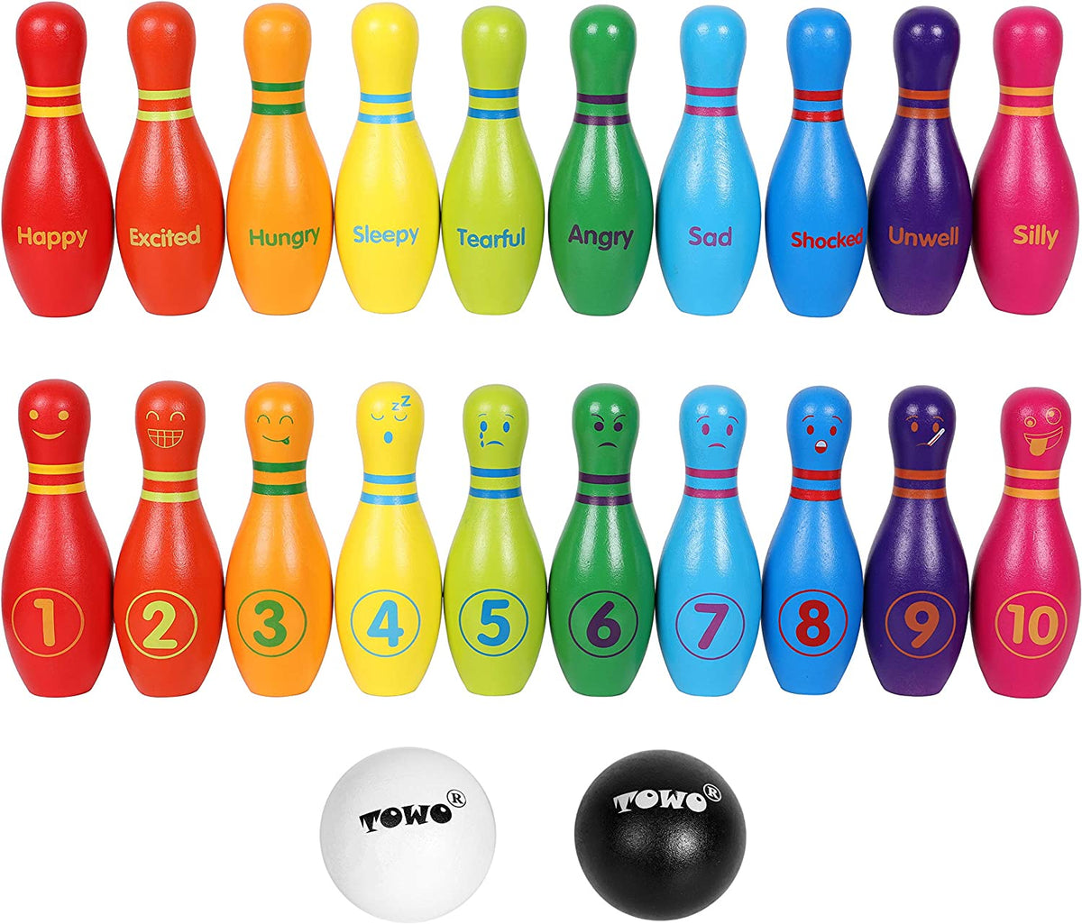 TOWO Holz-Kegelspiel Für Kinder, Bowling-Set Mit 10 Kegeln