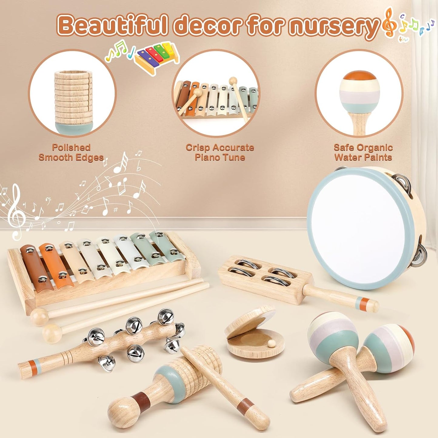 Toddler Musical Instruments, Neutral Colours Montessori Wooden Musical Instruments for Toddlers from 18M-3 Years, Children'S Instruments Toy, Christmas and Birthday Gift for 18M-3-5 Years
