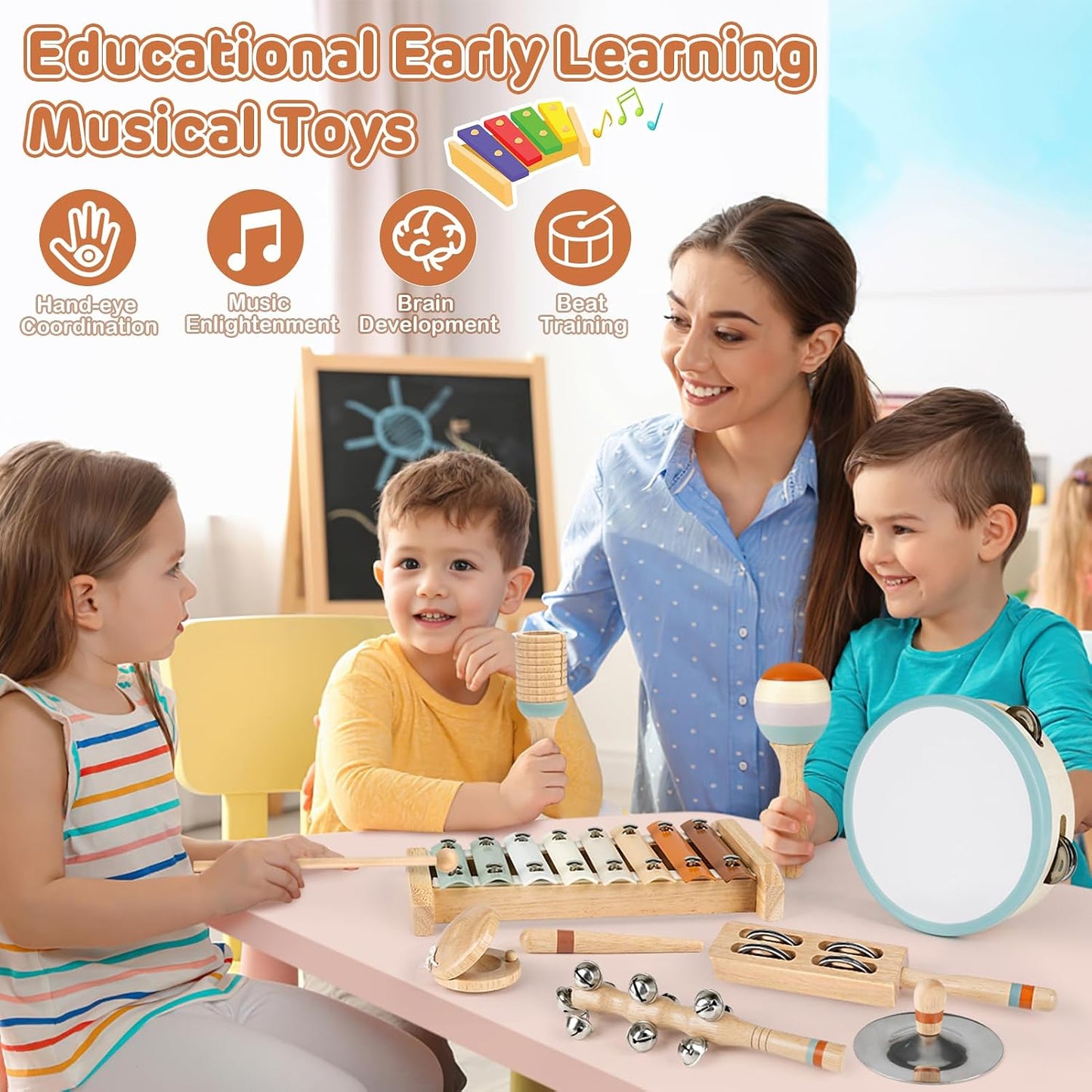 Toddler Musical Instruments, Neutral Colours Montessori Wooden Musical Instruments for Toddlers from 18M-3 Years, Children'S Instruments Toy, Christmas and Birthday Gift for 18M-3-5 Years
