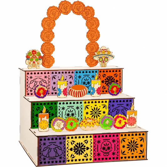3-Tier Wooden Tiered Altar Display Set - Multicolor Marigold Flowers, Skull Decor, Candle Holders, Papel Picado for Mexican Day of the Dead Festival Decorations, Table Decoration, Photo Setup,Sohochic